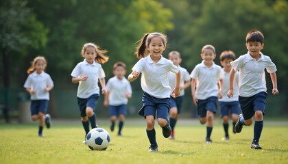 Obraz premium Asian kids in white shirts and blue shorts play soccer on green grass field. Children have fun, run with ball, practice, smiling. School sport activity in summer, healthy lifestyle.