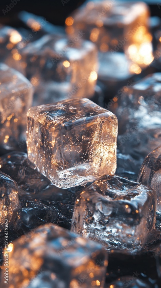 Poster sparkling ice cubes illuminated by golden light creating a refreshing and visually appealing texture