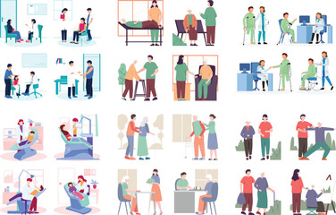 Medical professionals, patients, healthcare settings, hospital scenes, diverse characters, medical examinations, doctor consultations, nursing care, medical equipment, waiting rooms