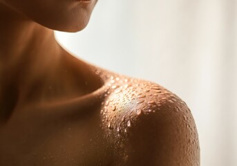 Close-up of a woman's shoulder with water droplets glistening on skin