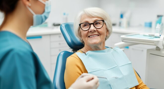 Senior woman smiling at her dentist during a dental check-up