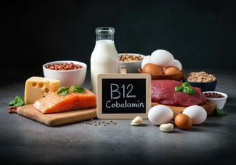 Assorted foods rich in vitamin B12 including salmon, meat, eggs, and milk