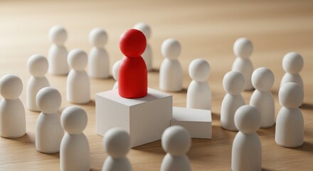 Obraz premium A a red wooden figure standing on a cube shaped podium surrounded by white wooden figures symbolizing leadership
