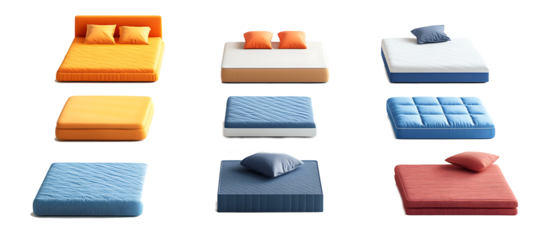 set of a colourful mattress bed on a white background  PNG,AI GENERATED