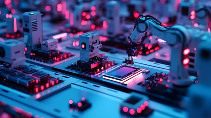 Intelligent Robots Assembling Futuristic Smart Home Devices in High-Tech Manufacturing Facility