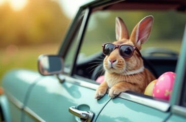 rabbit wearing sunglasses in a car with easter eggs