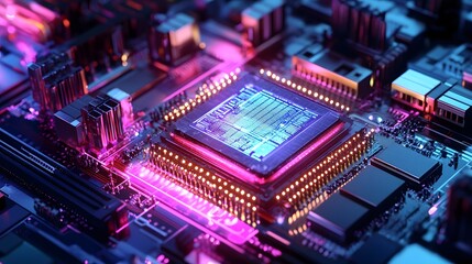 Obraz premium Futuristic Quantum Computing Semiconductor Manufacturing Robotic Assembly Line