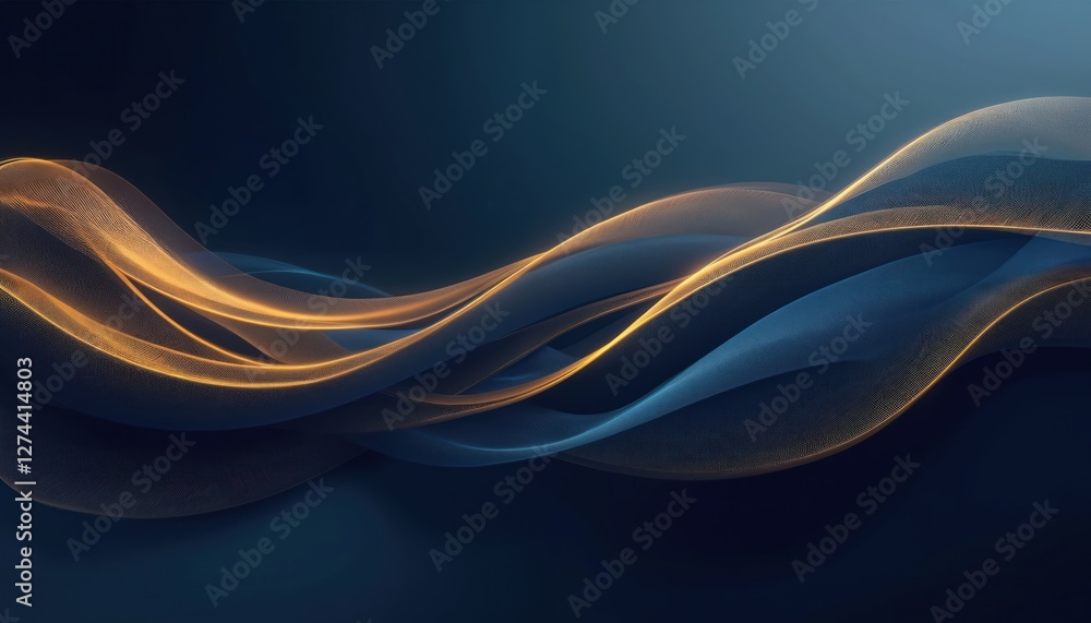 Poster Abstract dark blue background with wavy gold lines and curves. Modern design with dynamic flow and elegant style for business or luxury projects and presentations.