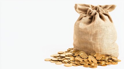 Gathering wealth gold coins and a bag business concept minimalist setting close-up view