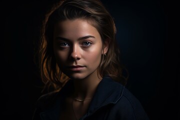 Minimalist portrait of a young woman with dramatic side lighting and radiant skin in studio setting