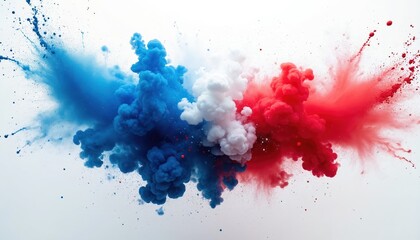 Splash of red white and blue dust explosion on bright background. American flag colors smoke dust concept for Independence Day, Memorial Day or Labor day celebration. Patriotic abstract festive burst.