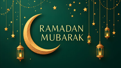 Ramadan Kareem design on green Islamic background with gold ornament star, moon, mosque, lanterns and islamic elements. Suitable for raya and ramadan concept