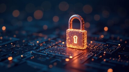 Quantum cryptography lock symbolizing security in data transmission on a digital circuit board