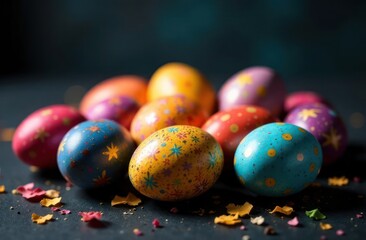 vibrant floral decorated easter eggs on green foliage - concept of easter decor, spring celebration, festive crafts