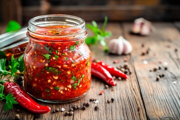 Vibrant homemade chili sauce jar with fresh ingredients on rustic wooden table