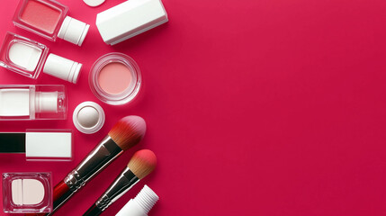rich pink background for certificate with lipsticks, eyeshadow brushes and cosmetic jars