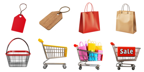 Set of shopping cart and bag png mockup in 3d without background for decoration.