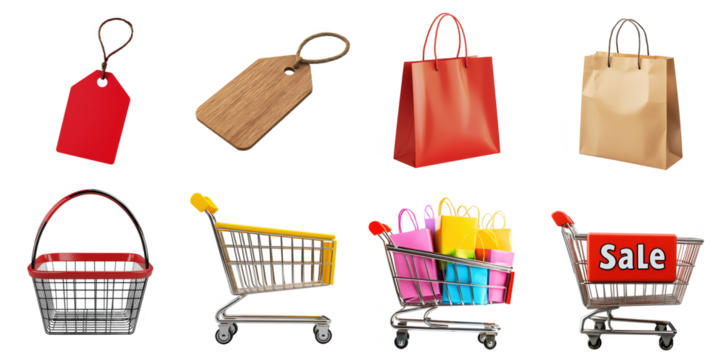 Set of shopping cart and bag png mockup in 3d without background for decoration.