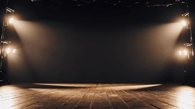 Wide-angle shot of an empty stage with dramatic lighting, creating a cinematic video atmosphere. The spotlight casts shadows on the wooden floor.