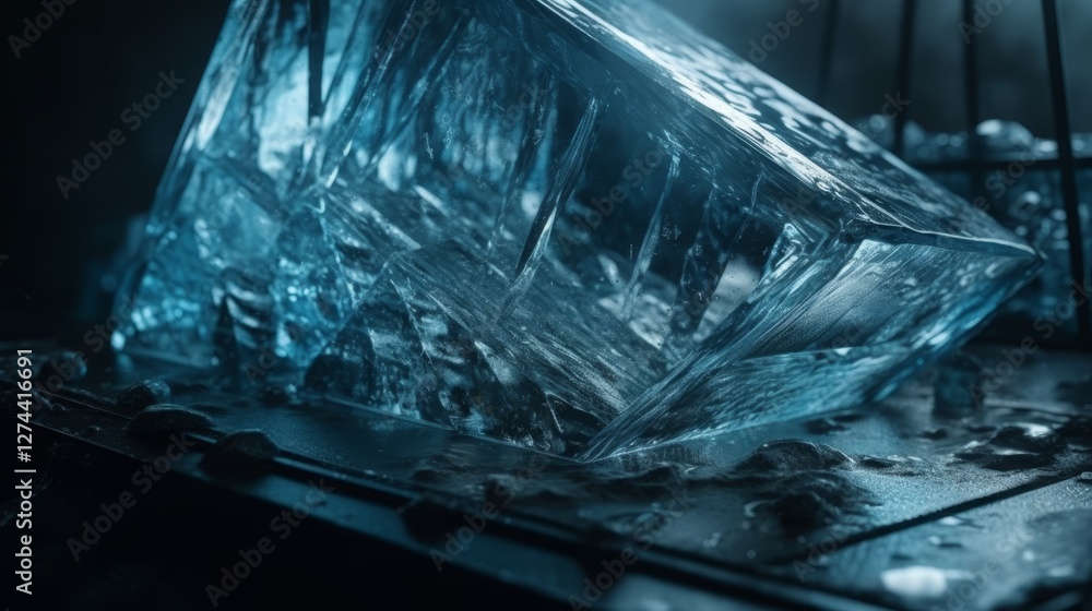 Poster surreal glass like frozen structure with high contrast ice textures and frosted geometric patterns