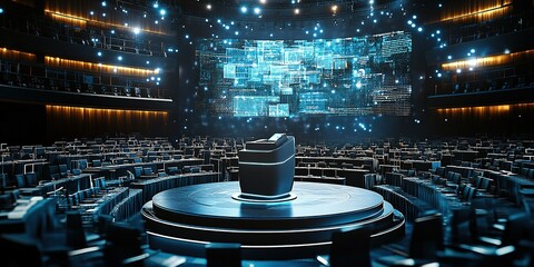 Modern conference hall with high-tech display and central speaker podium for upcoming discussions and presentations