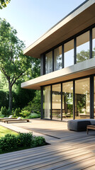 A modern house with a wooden terrace and garden
