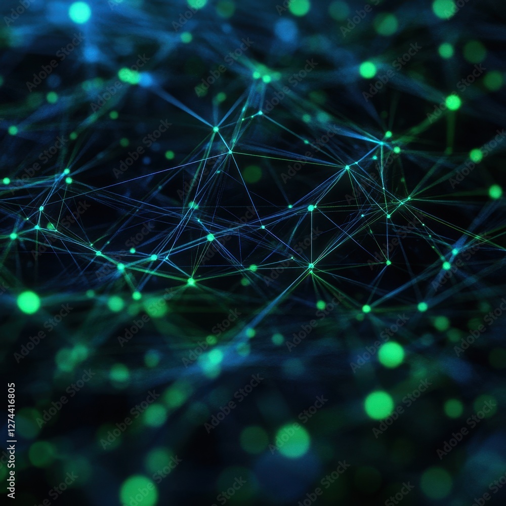 Poster abstract network connection with glowing nodes and lines in a dark blue and green color scheme futur