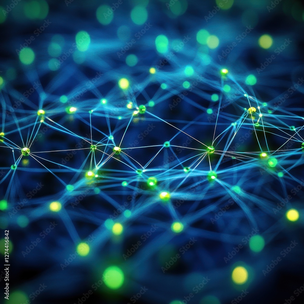 Poster abstract network connection with glowing nodes and lines representing data flow and communication te