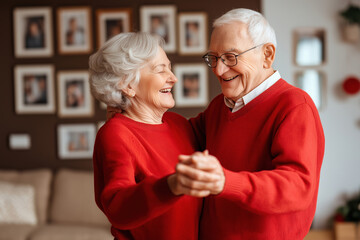 Elderly couple enjoys a joyful dance in cozy living room filled with memories