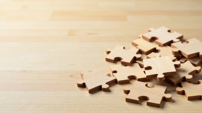 Unassembled Wooden Jigsaw Puzzle Pieces Scattered on a Light Wood Surface Representing Challenges and Problem-Solving