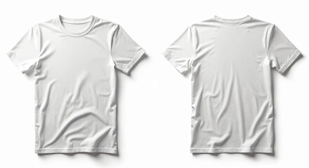 Mockup of blank white t-shirt. Front and back view of apparel on light background for design showcase. Clean clothing template for print. Unisex casual undershirt cotton garment for everyday wear.