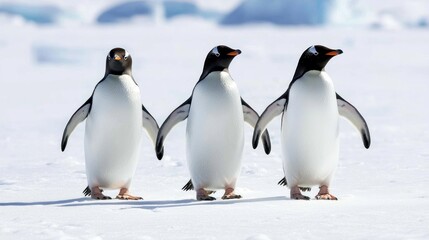 Obraz premium Group of Penguins Waddling Across Icy Terrain in Antarctica