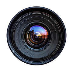 High-definition camera lens showcasing vibrant reflections isolated on transparent background
