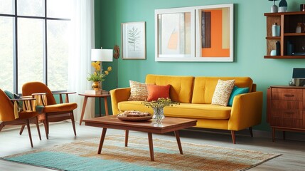 Modern Living Room Interior with Yellow Sofa