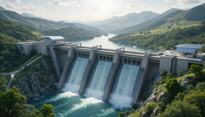 A futuristic AI-designed hydroelectric dam with advanced energy optimization systems, featuring real-time water flow analytics, solar panels, and eco-friendly infrastructure integrated into a scenic l