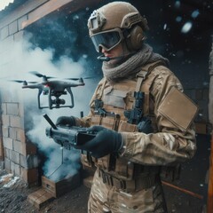 Fototapeta premium Dressed in tactical gear, a soldier skillfully controls a drone amidst falling snow. The cold and rugged surroundings highlight the intensity of the operation in progress