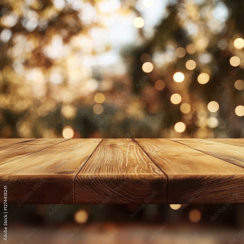 Poster warm wooden surface with soft bokeh lights in the background creating an inviting atmosphere for foo