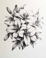 Elegant floral illustration of blooming lilies in grayscale with intricate detail and a soft white background creating a serene and artistic visual