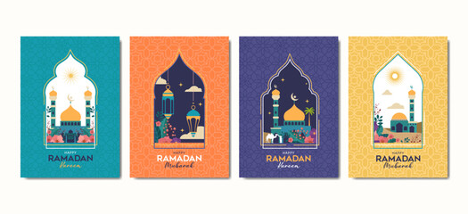 Set of modern style Islamic windows and arches with modern boho design, mosque dome and lanterns