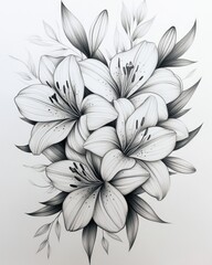 Elegant lily bouquet pencil drawing on white background showcasing intricate floral design and delicate shading for artistic botanical charm