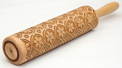 Embossed Wooden Rolling Pin on White Background