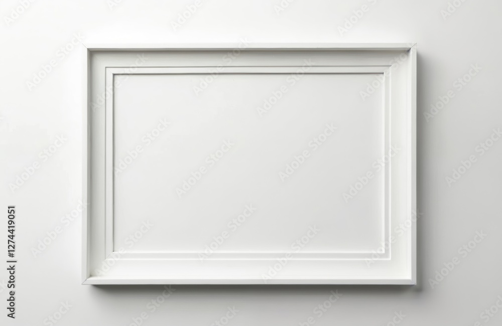Aufkleber Hanging empty white frame isolated against white wall. Minimalist art concept for design and print. Horizontal blank layout mockup with copy space, modern clean design.
