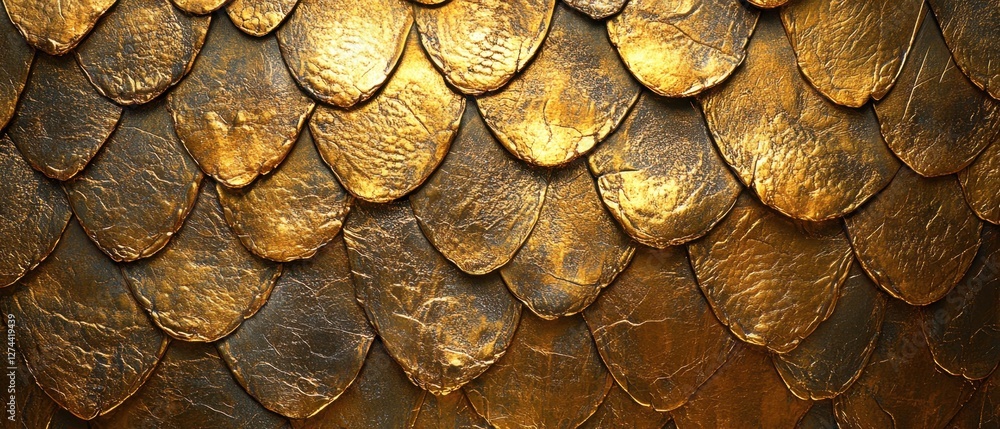 Poster golden metallic scale pattern background with textured surface and light reflections creating a fant