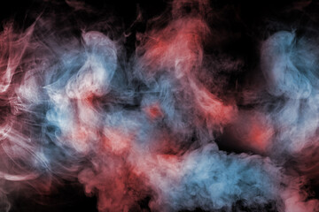 Ethereal red-blue smoke swirling in darkness, cool glow evokes mystery with abstract painterly lighting, smoke color introspection