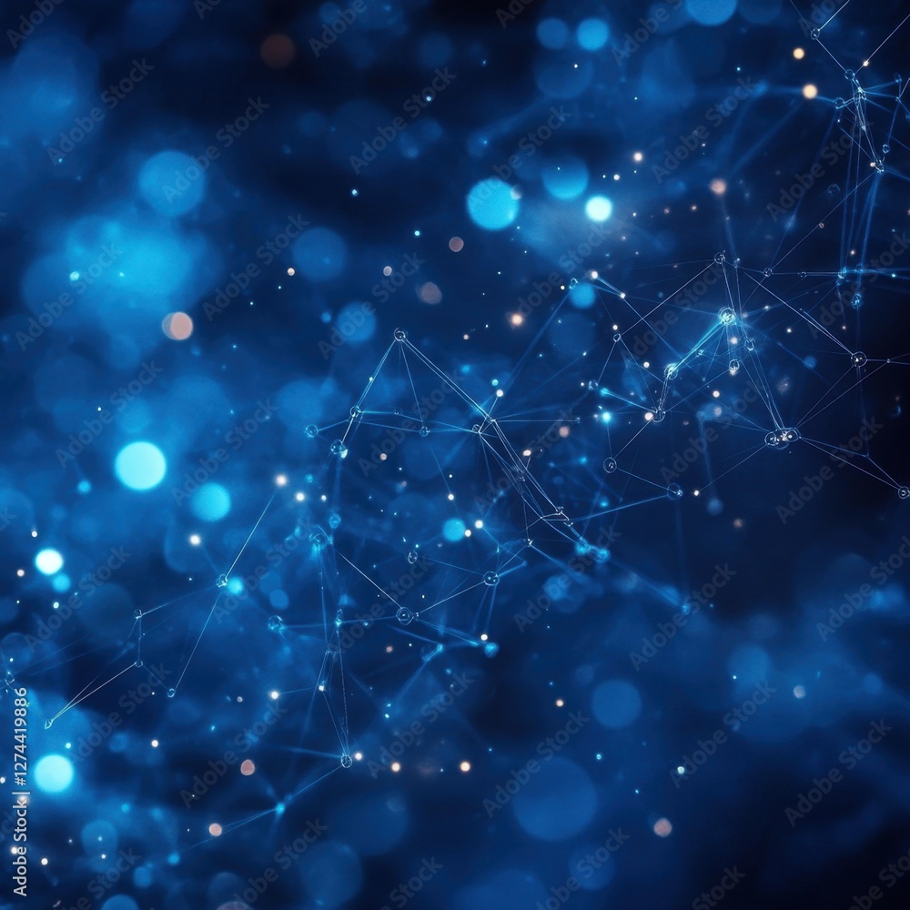 Poster abstract network connection structure with glowing particles on a dark blue blurred background