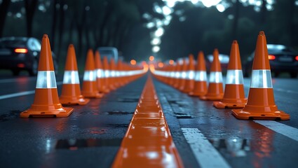 Obraz premium Row of orange traffic cones with reflective stripes on wet road, twilight safety scene