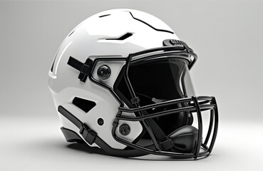 Sophisticated high-tech football helmet modern sport design, optimal protection. Sleek white, black details. Safety tech headgear innovative, ergonomic, hard-wearing for secure fit, peak performance,
