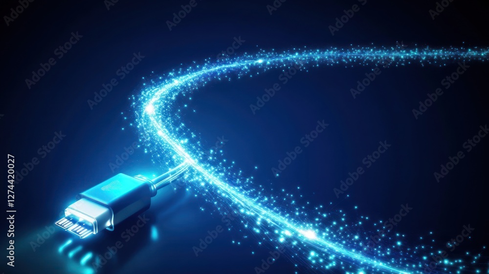 Poster usb connector with glowing data stream trail