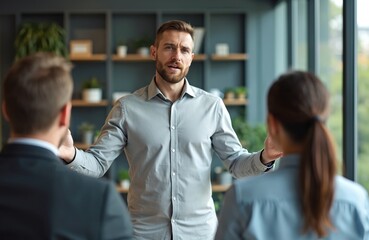 Confident businessman explains problem to his colleagues. Man wearing button down shirt with sleeves rolled up makes a presentation, talks about challenge at work. Team resolves conflict.