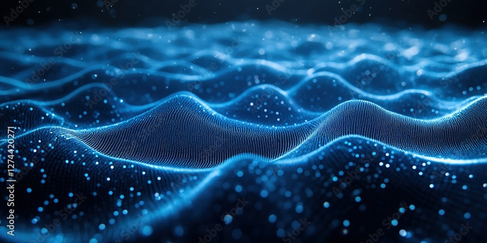 Poster digital waves ripple through a dark space illuminated by bright blue light, creating a mesmerizing v